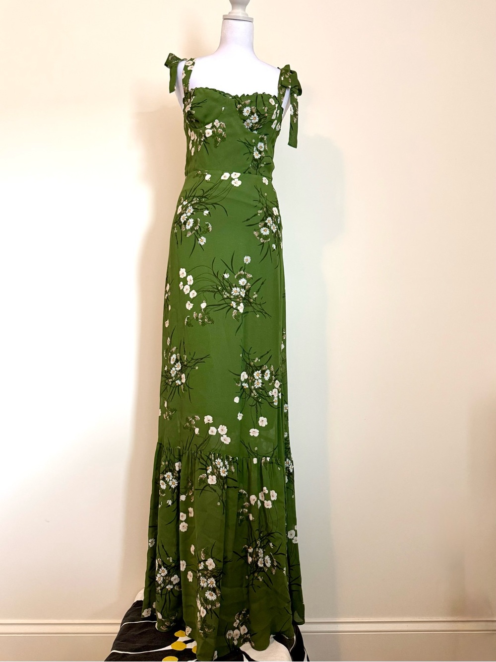 Reformation Olive Green Jasen Floral-Print Crepe Tie-Strap Maxi Dress size 0